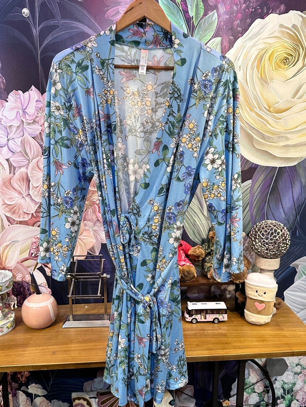 Flora Nikrooz L Blue Botanical Bird Robe Belted Romantic Boho Cottagecore Spa